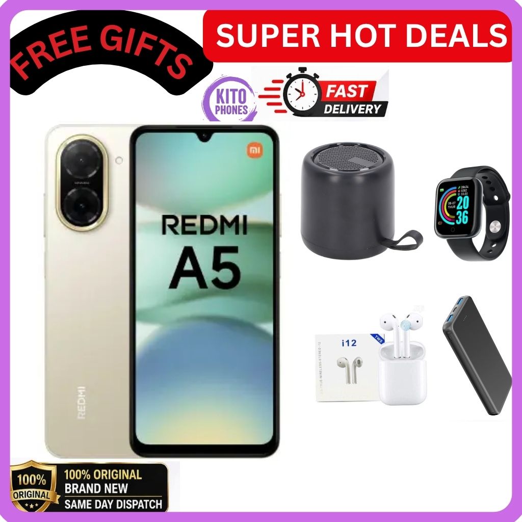 REDMI A5 64GB ROM 3GB RAM 4G NETWORK 5200MAH BATTERY 32MP main camera, 8MP front camera DUAL SIM 120HZ REFRESH RATE 6.88" ANDROID 15 , Side fingerprint sensor , USB Type-C Phones+FREE GIFTS FOR YOU