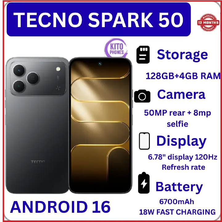 NEW ARRIVALS!! BRAND NEW Tecno Spark 50 128GB ROM+ 4GB RAM 6.78" SCREEN 120Hz Refresh rate Camera 50MP Main Camera +8MP SELFIE 18W Super Charging 6700mAh battery Android 16 PHONE SMARTPHONE