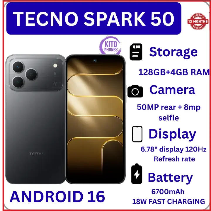 NEW ARRIVALS!! BRAND NEW Tecno Spark 50 128GB ROM+ 4GB RAM 6.78" SCREEN 120Hz Refresh rate Camera 50MP Main Camera +8MP SELFIE 18W Super Charging 6700mAh battery Android 16 PHONE SMARTPHONE