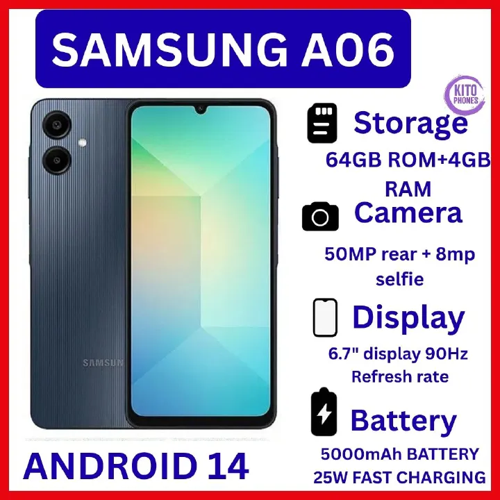 [New Arrival] Samsung Galaxy A06 64GB ROM+4GB RAM 50MP Camera +8MP SELFIE 6.7" 90Hz MTK Helio G85 (12nm) 5000mAh BATTERY 25W Type-C Charge Android 14 Smart Phones Side Fingerprint Unlock SMARTPHONE