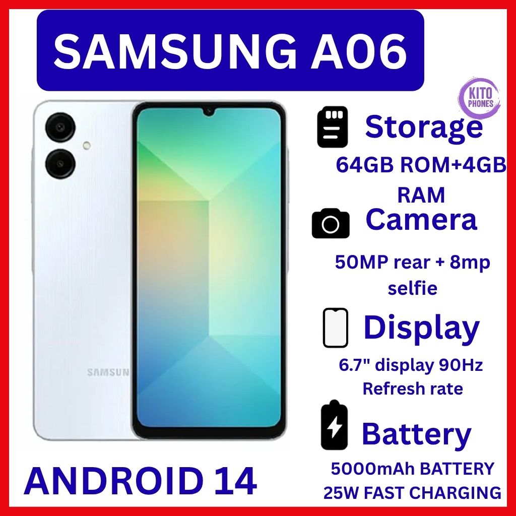[New Arrival] Samsung Galaxy A06 64GB +4GB RAM 50MP Camera +8MP 6.7" 90Hz MTK Helio G85 (12nm) 5000mAh BATTERY 25W Type-C Charge Android 14 Smart Phones Side Fingerprint Unlock SMARTPHONE+FREE GIFTS