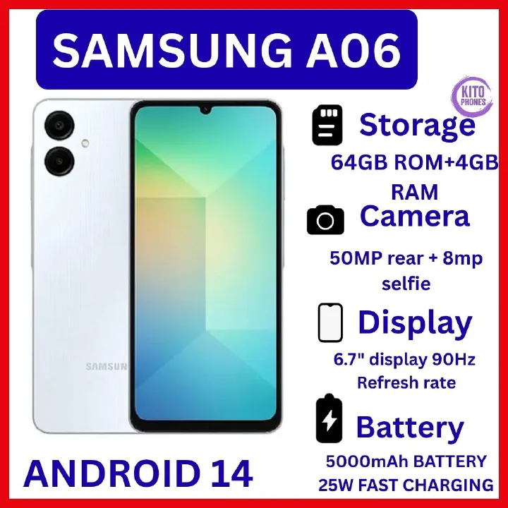 [New Arrival] Samsung Galaxy A06 64GB ROM+4GB RAM 50MP Camera +8MP SELFIE 6.7" 90Hz MTK Helio G85 (12nm) 5000mAh BATTERY 25W Type-C Charge Android 14 Smart Phones Side Fingerprint Unlock SMARTPHONE
