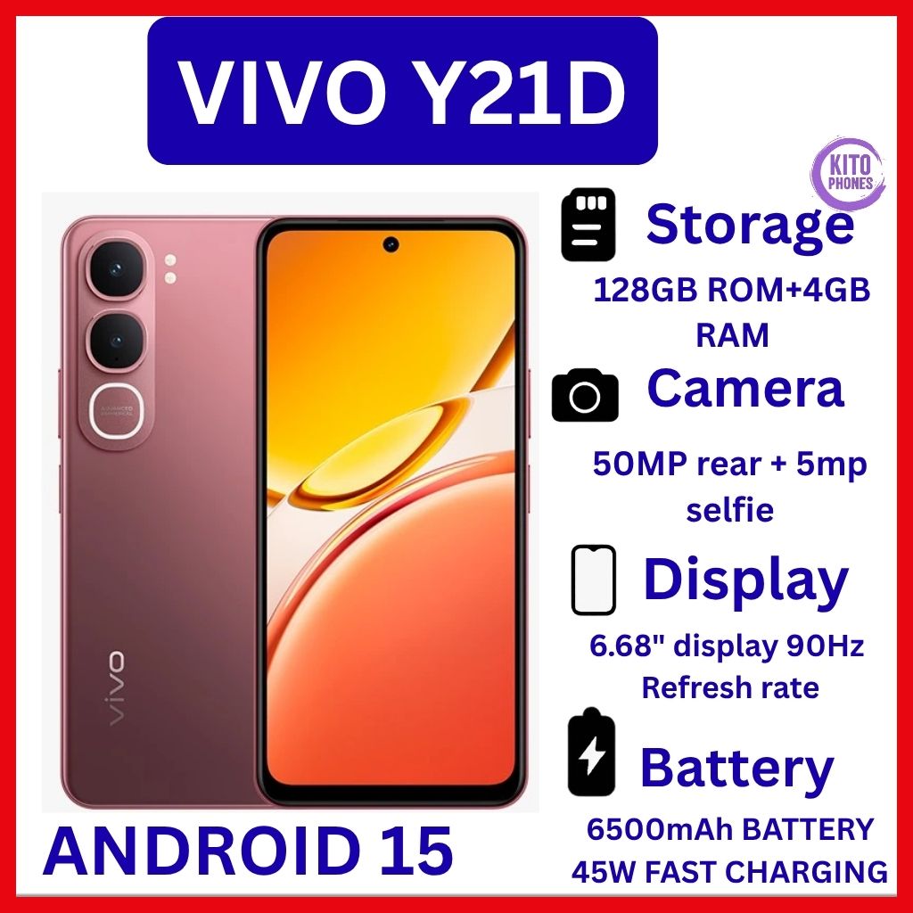Vivo Y21d 6.68" screen display 4GB RAM + 128GB ROM 50MP MAIN CAMERA 6500mAh battery capacity 5-Year Health Battery IP69+ Waterproof, 45W FlashCharge, 90Hz refresh rate ANDROID 15 SMARTPHONE+FREE GIFTS