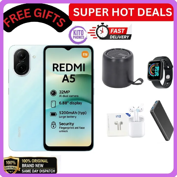 REDMI A5 64GB ROM 3GB RAM 4G NETWORK 5200MAH BATTERY 32MP main camera, 8MP front camera DUAL SIM 120HZ REFRESH RATE 6.88" ANDROID 15 , Side fingerprint sensor , USB Type-C Phones+FREE GIFTS FOR YOU