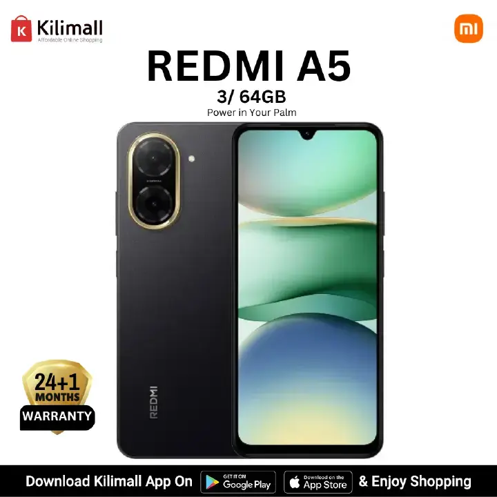 REDMI A5 64GB ROM 3GB RAM 4G NETWORK 5200MAH BATTERY 32MP main camera, 8MP front camera DUAL SIM 120HZ REFRESH RATE 6.88" ANDROID 15 , Side fingerprint sensor , USB Type-C Phones+FREE GIFTS FOR YOU