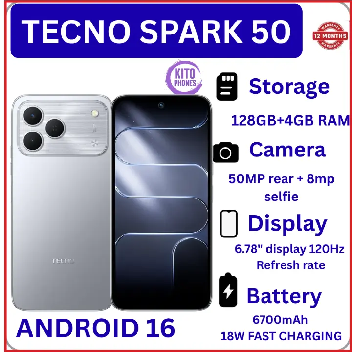 NEW ARRIVALS!! BRAND NEW Tecno Spark 50 128GB ROM+ 4GB RAM 6.78" SCREEN 120Hz Refresh rate Camera 50MP Main Camera +8MP SELFIE 18W Super Charging 6700mAh battery Android 16 PHONE SMARTPHONE