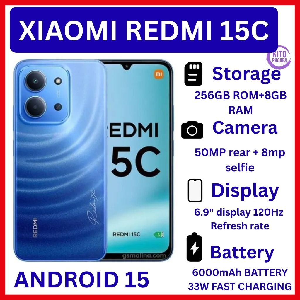 [NEW ARRIVALS] REDMI 15C 6.9": 256GB+8GB: 50MP+8MP: 6000mAh: Android 15: IPS;LCD: Fingerprint( side-mounted ): Mediatek Helio G81 Ultra (12nm): Octa-core IP64 dust tight & water resistance smartphones