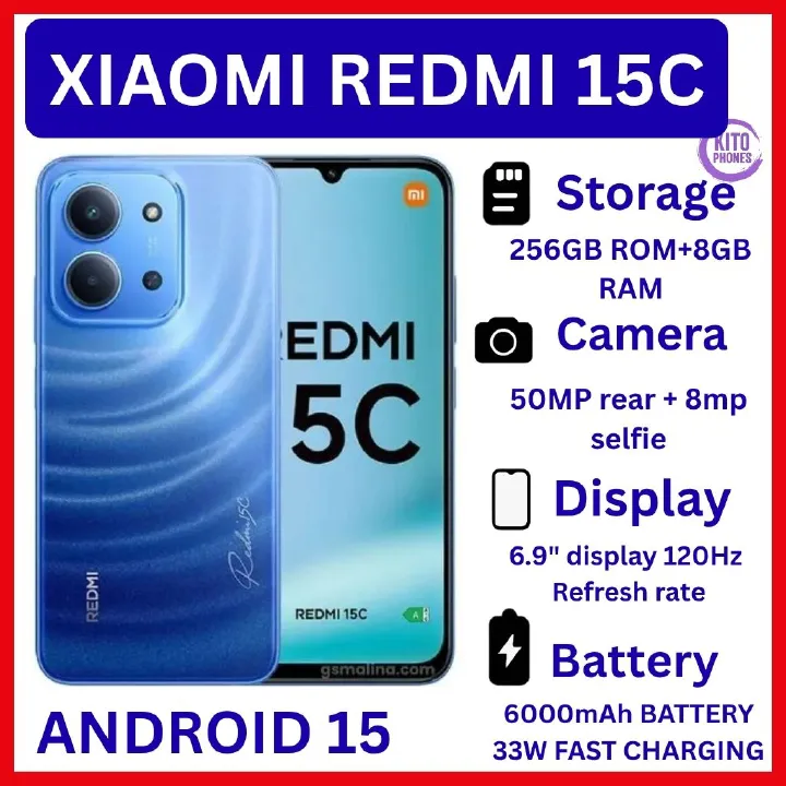 [NEW ARRIVALS] REDMI 15C 6.9": 256GB+8GB: 50MP+8MP: 6000mAh: Android 15: IPS;LCD: Fingerprint( side-mounted ): Mediatek Helio G81 Ultra (12nm): Octa-core IP64 dust tight & water resistance smartphones