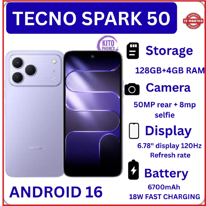 NEW ARRIVALS!! BRAND NEW Tecno Spark 50 128GB ROM+ 4GB RAM 6.78" SCREEN 120Hz Refresh rate Camera 50MP Main Camera +8MP SELFIE 18W Super Charging 6700mAh battery Android 16 PHONE SMARTPHONE
