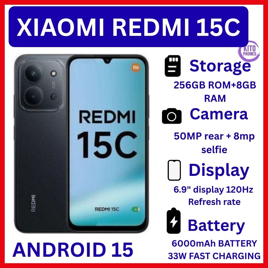 [NEW ARRIVALS] REDMI 15C 6.9": 256GB+8GB: 50MP+8MP: 6000mAh: Android 15: IPS;LCD: Fingerprint( side-mounted ): Mediatek Helio G81 Ultra (12nm): Octa-core IP64 dust tight & water resistance smartphones