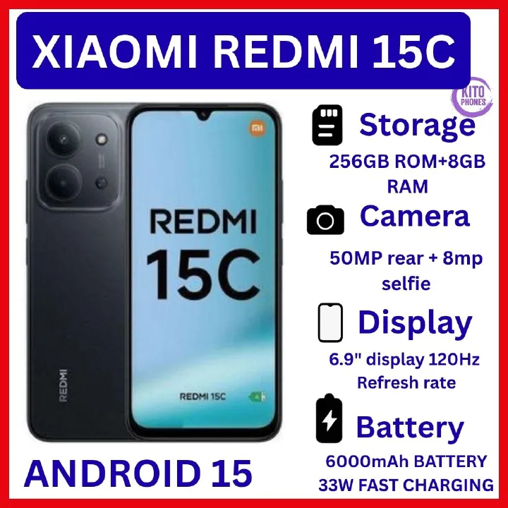 [NEW ARRIVALS] REDMI 15C 6.9": 256GB+8GB: 50MP+8MP: 6000mAh: Android 15: IPS;LCD: Fingerprint( side-mounted ): Mediatek Helio G81 Ultra (12nm): Octa-core IP64 dust tight & water resistance smartphones