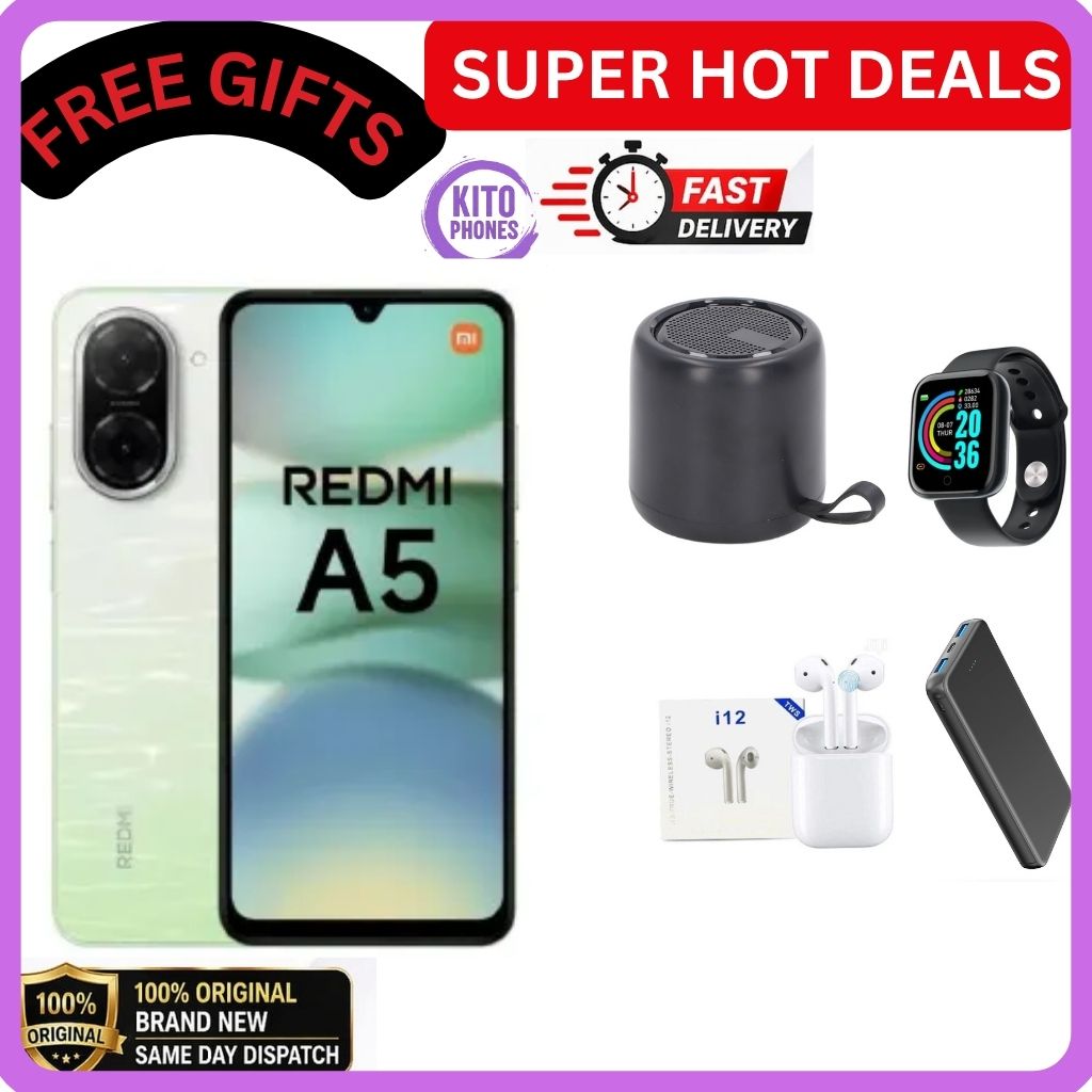 REDMI A5 64GB ROM 3GB RAM 4G NETWORK 5200MAH BATTERY 32MP main camera, 8MP front camera DUAL SIM 120HZ REFRESH RATE 6.88" ANDROID 15 , Side fingerprint sensor , USB Type-C Phones+FREE GIFTS FOR YOU