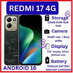 🔥NEW🔥Xiaomi Redmi 17 4G 128GB R0M + 4GB RAM Smart Phone 6.9" display 120Hz -Dual SIM 7500mAh Battery 50MP main camera +8MP SELFIE Type C Side Fingerprint Android 16 SMARTPHONE