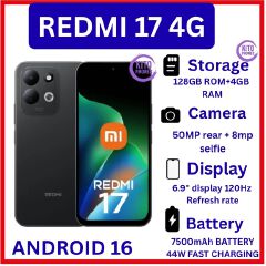 🔥NEW🔥Xiaomi Redmi 17 4G 128GB R0M + 4GB RAM Smart Phone 6.9" display 120Hz -Dual SIM 7500mAh Battery 50MP main camera +8MP SELFIE Type C Side Fingerprint Android 16 SMARTPHONE