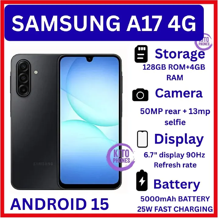Samsung Galaxy A17 128GB+4GB 6.7" Super AMOLED Display Mediatek Helio G99 50MP 6X OS Upgrades IP54 Waterproof 5000mAh 25W Type-C Smart Phones Samsung A17 AI smartphone