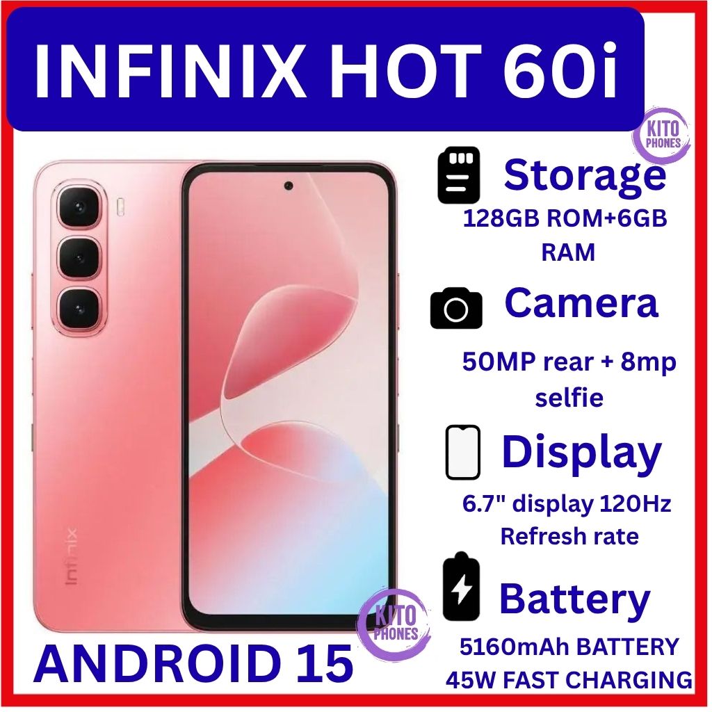 [NEW ARRIVAL] Infinix Hot 60i 6.7'' 128GB+6GB: 5160 mAh; 50MP+8MP: IP64: Android 15: Octa-core: IPS-LCD: Fingerprint (side-mounted): 120HZ Refresh rate: Mediatek Helio G81 Ultimate (12 nm): smartphone