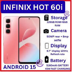 [NEW ARRIVAL] Infinix Hot 60i 6.7'' 128GB+6GB: 5160 mAh; 50MP+8MP: IP64: Android 15: Octa-core: IPS-LCD: Fingerprint (side-mounted): 120HZ Refresh rate: Mediatek Helio G81 Ultimate (12 nm): smartphone