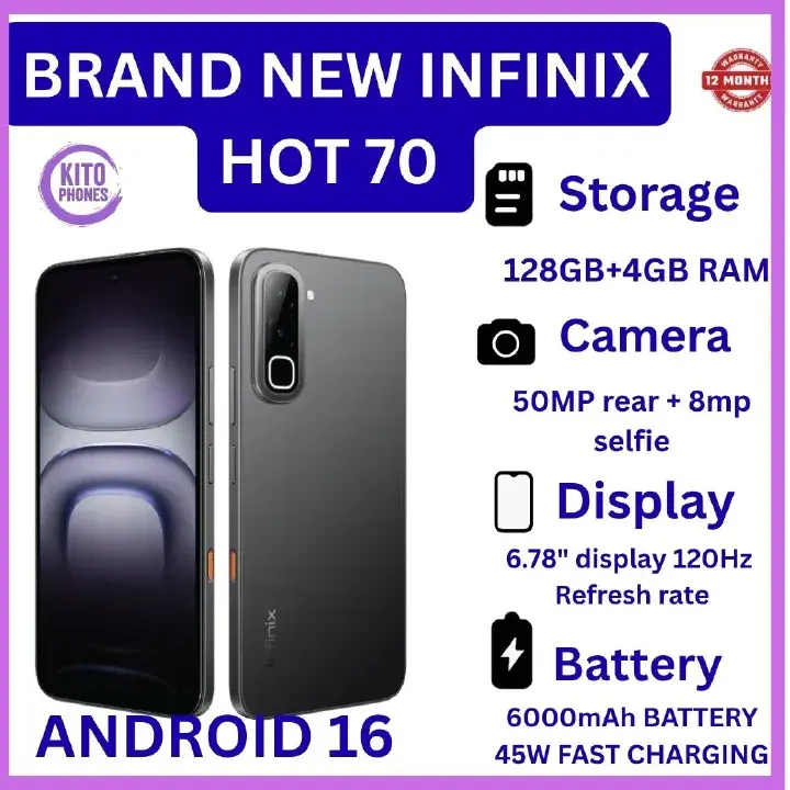 NEW ARRIVALS !! BRAND NEW INFINIX Hot 70,X6895B, 128GB ROM + 4GB RAM, 6.78 inches, 120Hz Display, 50 MP Main Camera +8MP SELFIE 6000 mAh Type C 45W Fast Charging ANFROID 16 SMARTPHONES