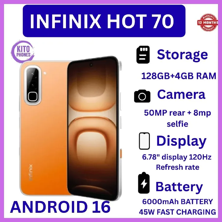 NEW ARRIVALS !! BRAND NEW INFINIX Hot 70,X6895B, 128GB ROM + 4GB RAM, 6.78 inches, 120Hz Display, 50 MP Main Camera +8MP SELFIE 6000 mAh Type C 45W Fast Charging ANFROID 16 SMARTPHONES