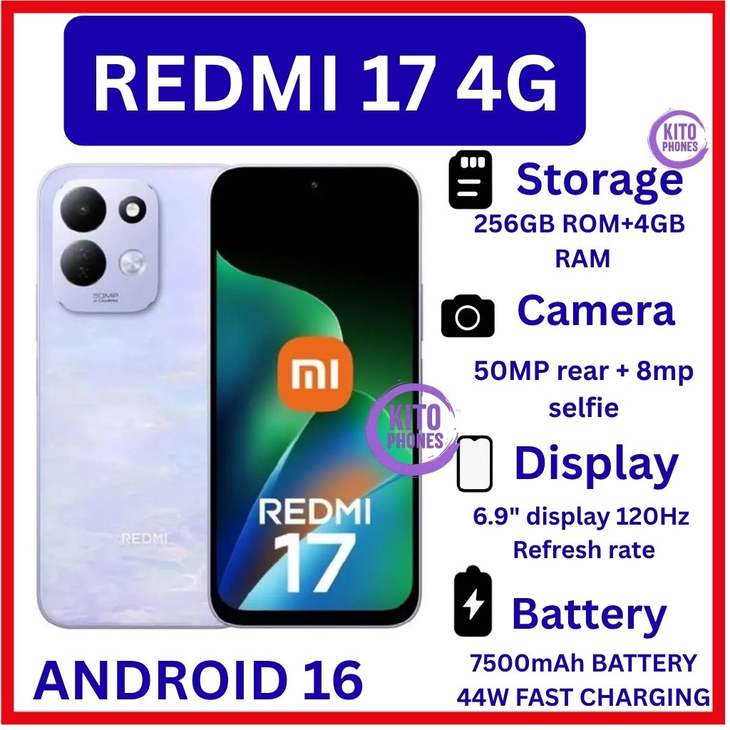 NEW ARRIVALS!! [BRAND NEW]Redmi 17 4G 256GB RAM + 4GB ROM Smart Phone 6.9" display 120Hz -Dual SIM 7500mAh Battery 50MP main camera +8MP SELFIE Type C Side Fingerprint Android 16 SMARTPHONES
