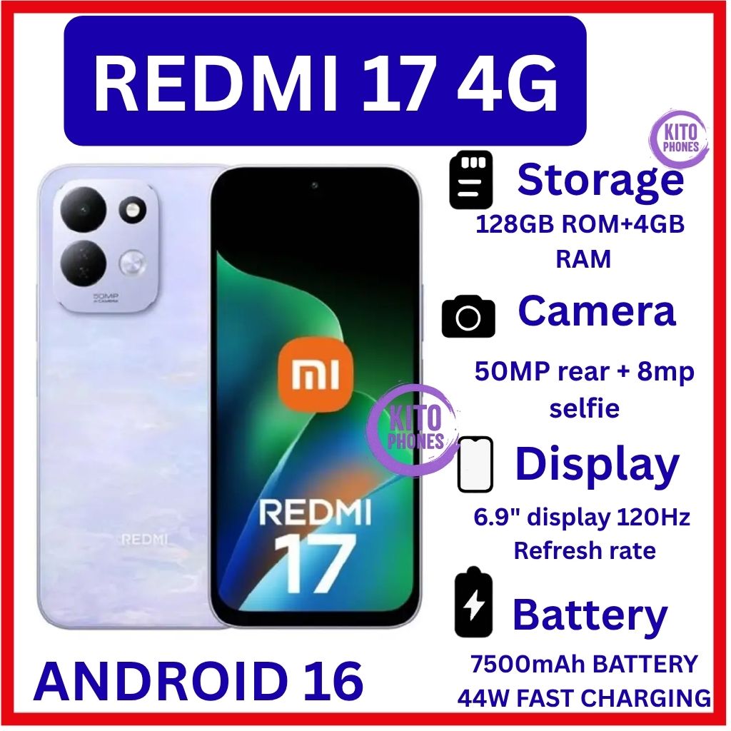 🔥NEW🔥Xiaomi Redmi 17 4G 128GB R0M + 4GB RAM Smart Phone 6.9" display 120Hz -Dual SIM 7500mAh Battery 50MP main camera +8MP SELFIE Type C Side Fingerprint Android 16 SMARTPHONE+FREE GIFTS FOR YOU