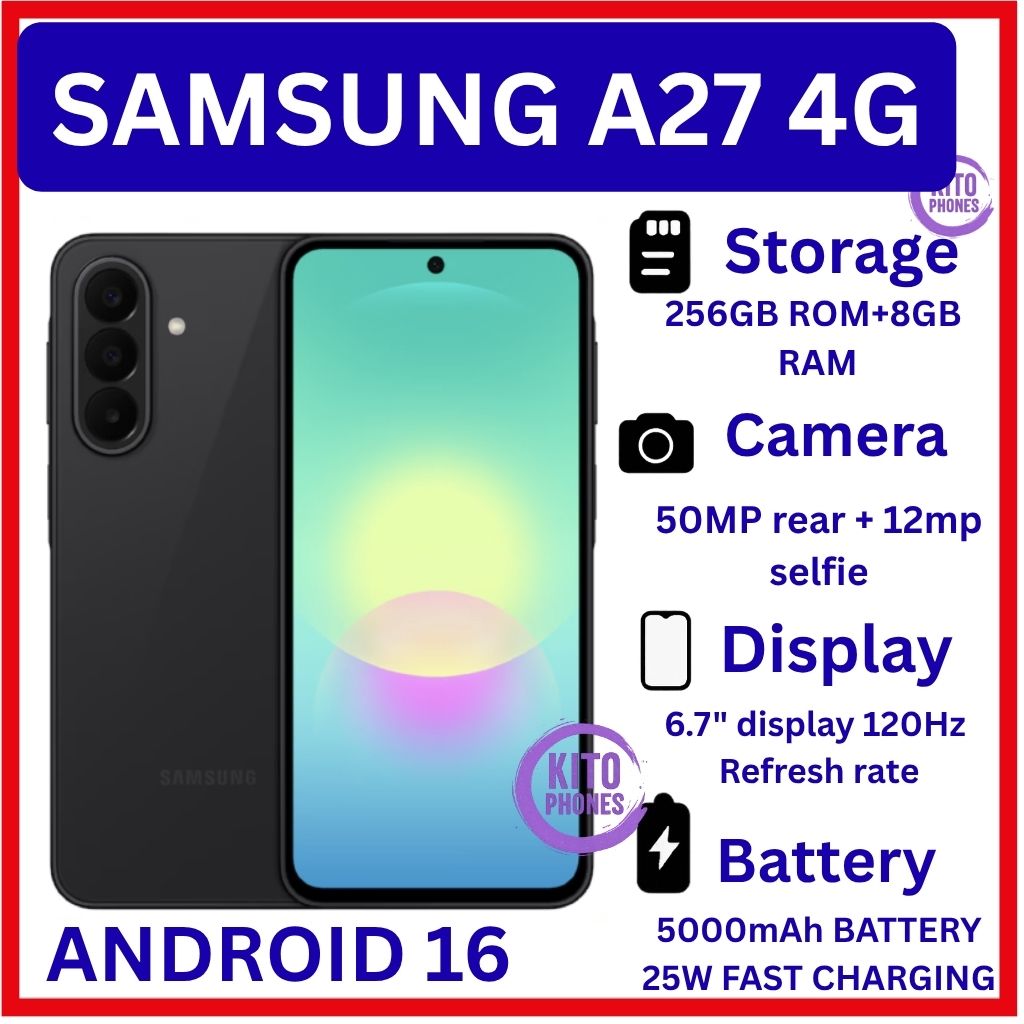 [New Arrival] Brand New Samsung Galaxy A27 4G 256GB+8GB 6.7" 120Hz AMOLED Display Snapdragon 6 Gen3 50MP Triple Camera Android 16 IP64 Waterproof 5000mAh 25W 6X OS Upgrade Type-C Smart Phones