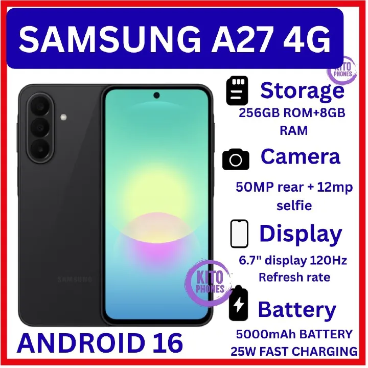 [New Arrival] Brand New Samsung Galaxy A27 4G 256GB+8GB 6.7" 120Hz AMOLED Display Snapdragon 6 Gen3 50MP Triple Camera Android 16 IP64 Waterproof 5000mAh 25W 6X OS Upgrade Type-C Smart Phones