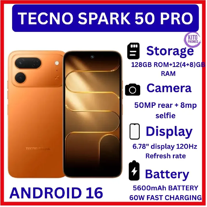 [BRAND NEW] Tecno Spark 50 Pro,6.78-inch'50MP f/1.8 PDAF + 8MP f/2.0 selfie 4GB RAM +128GB ROM,Battery: 5600mAh'OS: Android 16, HiOS 16' MediaTek Helio G100+12 MONTHS FREE WARRANTY PHONE SMARTPHONE