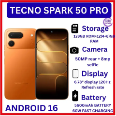 [BRAND NEW] Tecno Spark 50 Pro,6.78-inch'50MP f/1.8 PDAF + 8MP f/2.0 selfie 4GB RAM +128GB ROM,Battery: 5600mAh'OS: Android 16, HiOS 16' MediaTek Helio G100+12 MONTHS FREE WARRANTY PHONE SMARTPHONE