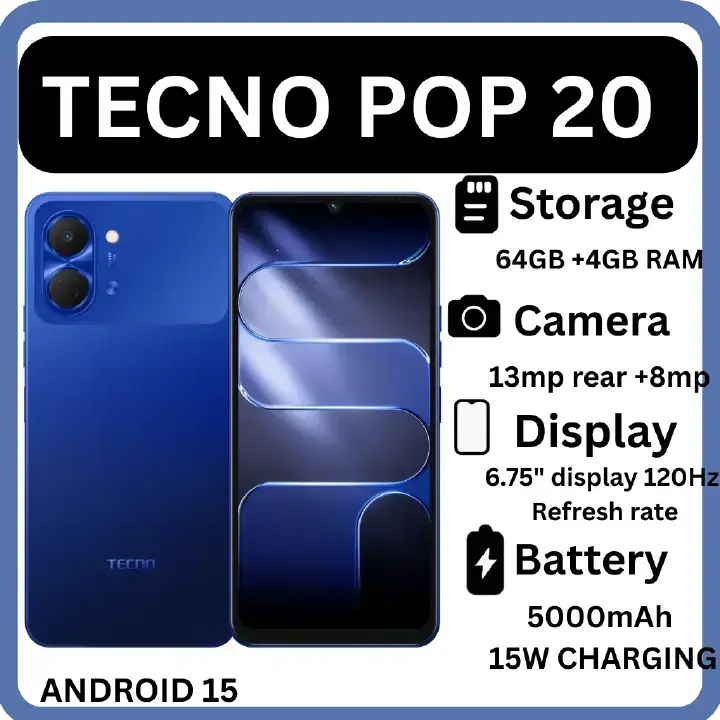 GOOD DEALS !!{NEW ARRIVAL}! TECNO POP 20 128GB ROM +4GB RAM 6.75 inch FHD 5000mAh Battery 13MP Main Camera Dual SIM 4G 15W FAST NETWORK UNISOC T7250 PROCESSOR Android 15 Mobile Phones SMARTPHONES