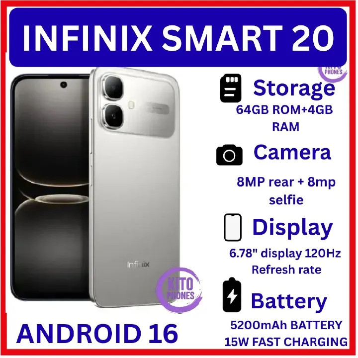 [NEW ARRIVAL] INFINIX Smart 20 64GB+4GB 6.67" 120Hz Display Dual Speakers Dual SIM 4.5G Slim Phone 5200mAh Battery 15W Charging IP64 Fingerprint Lock Android 16 SMARTPHONE
