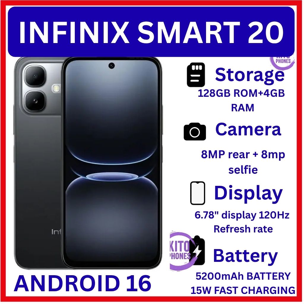 [NEW ARRIVAL] INFINIX Smart 20 128GB+4GB 6.67" 120Hz Display Dual Speakers Dual SIM 4.5G Slim Phone 5200mAh Battery 15W Charging IP64 Fingerprint Lock Android 16 SMARTPHONE
