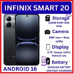 [NEW ARRIVAL] INFINIX Smart 20 128GB+4GB 6.67" 120Hz Display Dual Speakers Dual SIM 4.5G Slim Phone 5200mAh Battery 15W Charging IP64 Fingerprint Lock Android 16 SMARTPHONE+free gifts for you