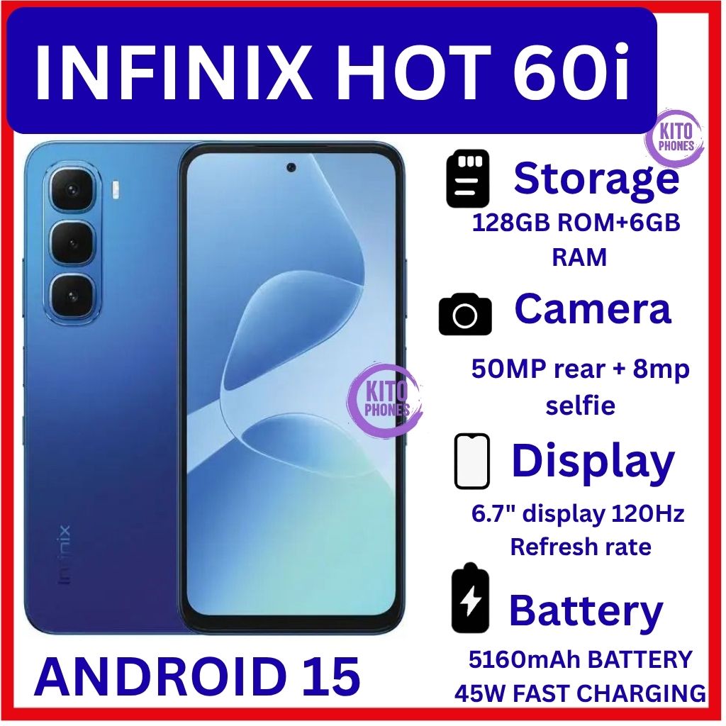 [NEW ARRIVAL] Infinix Hot 60i 6.7'' 128GB+6GB: 5160 mAh; 50MP+8MP: IP64: Android 15: Octa-core: IPS-LCD: Fingerprint (side-mounted): 120HZ Refresh rate: Mediatek Helio G81 Ultimate (12 nm): smartphone