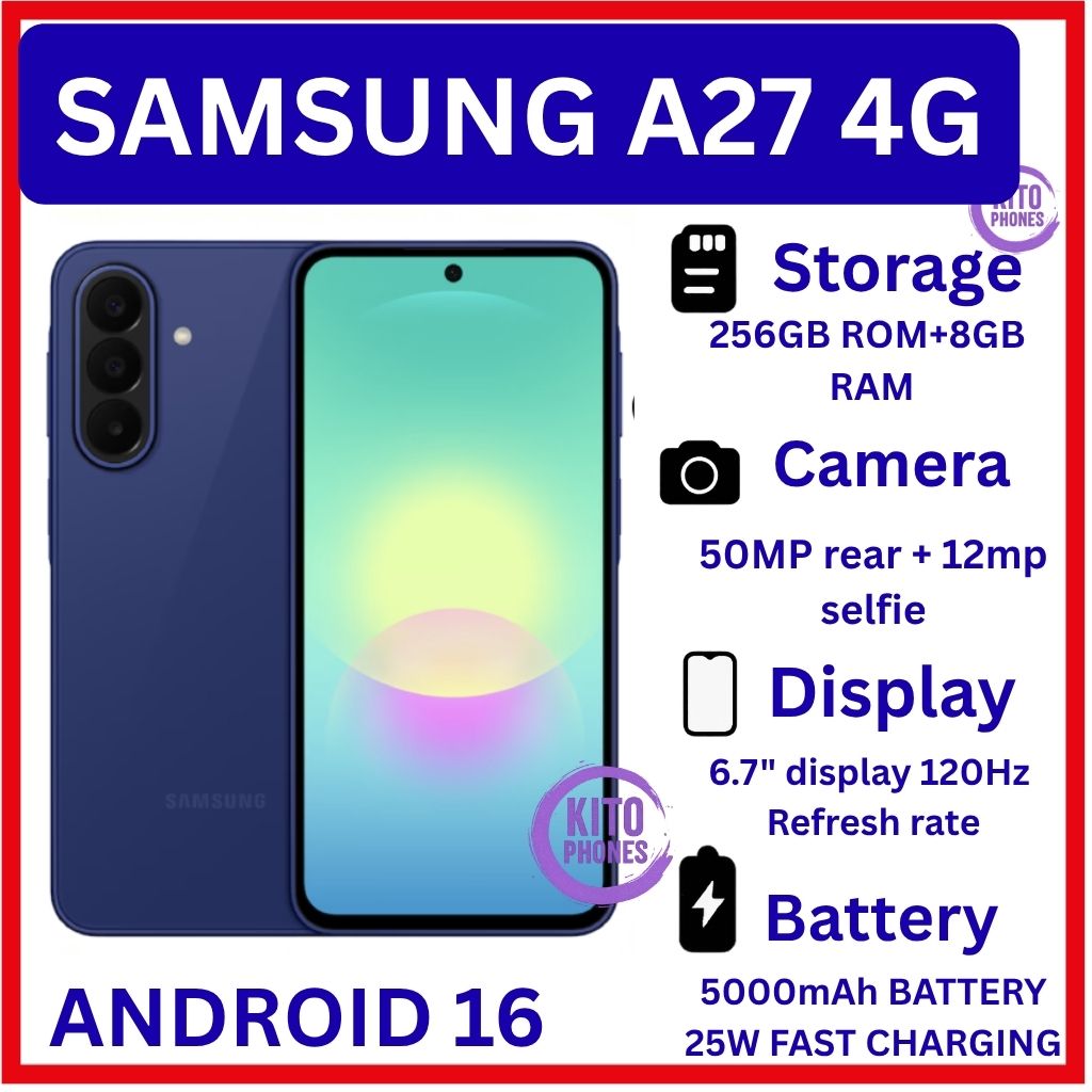 [New Arrival] Brand New Samsung Galaxy A27 4G 256GB+8GB 6.7" 120Hz AMOLED Display Snapdragon 6 Gen3 50MP Triple Camera Android 16 IP64 Waterproof 5000mAh 25W 6X OS Upgrade Type-C Smart Phones