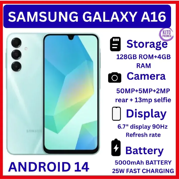 BRAND NEW Samsung Galaxy A16 128GB+4GB 6.7" Super AMOLED Display 50MP Triple Camera Android 14 Mediatek Helio G99 5000mAh 25W Type-C Charge Smart Phones Samsung A16 phone