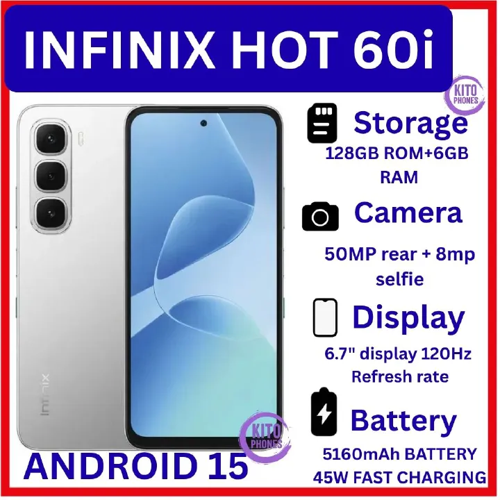 [NEW ARRIVAL] Infinix Hot 60i 6.7'' 128GB+6GB: 5160 mAh; 50MP+8MP: IP64: Android 15: Octa-core: IPS-LCD: Fingerprint (side-mounted): 120HZ Refresh rate: Mediatek Helio G81 Ultimate (12 nm): smartphone