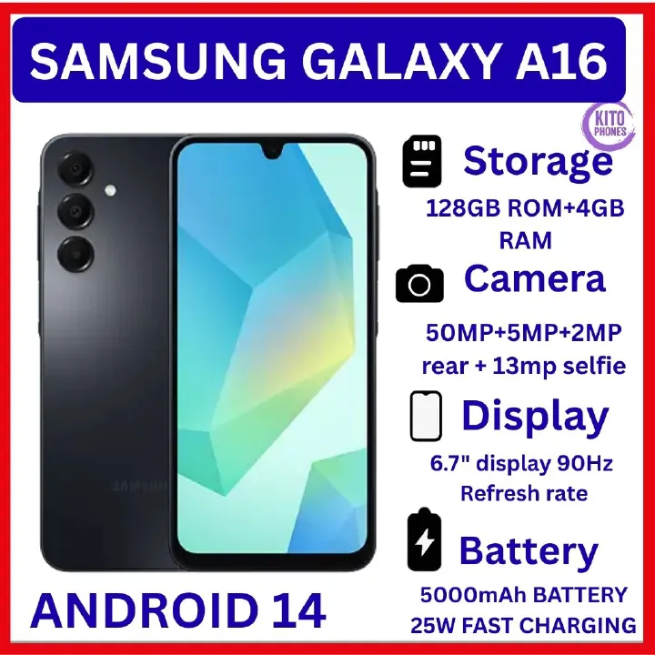 BRAND NEW Samsung Galaxy A16 128GB+4GB 6.7" Super AMOLED Display 50MP Triple Camera Android 14 Mediatek Helio G99 5000mAh 25W Type-C Charge Smart Phones Samsung A16 phone