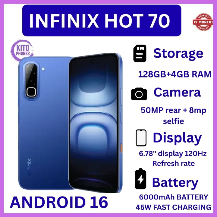 NEW ARRIVALS !! BRAND NEW INFINIX Hot 70,X6895B, 128GB ROM + 4GB RAM, 6.78 inches, 120Hz Display, 50 MP Main Camera +8MP SELFIE 6000 mAh Type C 45W Fast Charging ANFROID 16 SMARTPHONES