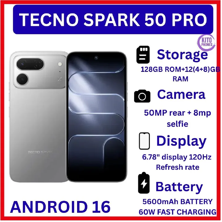 [BRAND NEW] Tecno Spark 50 Pro,6.78-inch'50MP f/1.8 PDAF + 8MP f/2.0 selfie 4GB RAM +128GB ROM,Battery: 5600mAh'OS: Android 16, HiOS 16' MediaTek Helio G100+12 MONTHS FREE WARRANTY PHONE SMARTPHONE