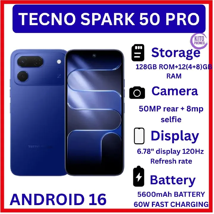 [BRAND NEW] Tecno Spark 50 Pro,6.78-inch'50MP f/1.8 PDAF + 8MP f/2.0 selfie 4GB RAM +128GB ROM,Battery: 5600mAh'OS: Android 16, HiOS 16' MediaTek Helio G100+12 MONTHS FREE WARRANTY PHONE SMARTPHONE