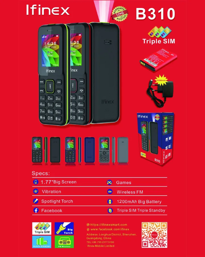 NEW IFINEX B310 TRIPLE SIM THREE-3 SIM CARD 1.77'' screen 1200mAh battery BIG TORCH KABAMBE/KATULULU/MULIKA MWIZI/BUTTON FEATURE PHONE