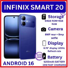 [NEW ARRIVAL] INFINIX Smart 20 64GB+4GB 6.67" 120Hz Display Dual Speakers Dual SIM 4.5G Slim Phone 5200mAh Battery 15W Charging IP64 Fingerprint Lock Android 16 SMARTPHONE+FREE GIFTS