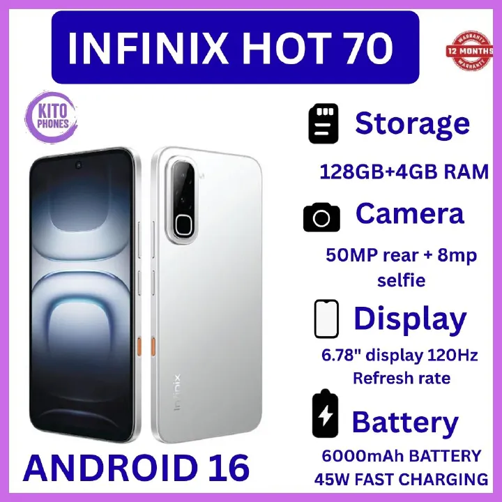NEW ARRIVALS !! BRAND NEW INFINIX Hot 70,X6895B, 128GB ROM + 4GB RAM, 6.78 inches, 120Hz Display, 50 MP Main Camera +8MP SELFIE 6000 mAh Type C 45W Fast Charging ANFROID 16 SMARTPHONES