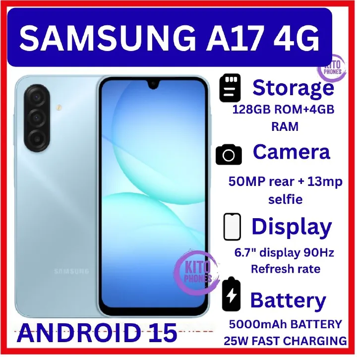 Samsung Galaxy A17 128GB+4GB 6.7" Super AMOLED Display Mediatek Helio G99 50MP 6X OS Upgrades IP54 Waterproof 5000mAh 25W Type-C Smart Phones Samsung A17 AI smartphone