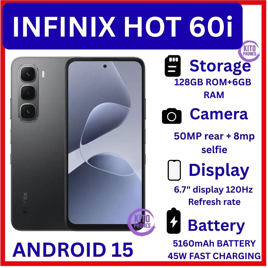 [NEW ARRIVAL] Infinix Hot 60i 6.7'' 128GB+6GB: 5160 mAh; 50MP+8MP: IP64: Android 15: Octa-core: IPS-LCD: Fingerprint (side-mounted): 120HZ Refresh rate: Mediatek Helio G81 Ultimate (12 nm): smartphone