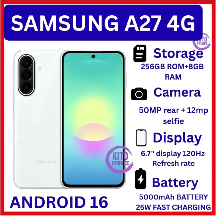 [New Arrival] Brand New Samsung Galaxy A27 4G 256GB+8GB 6.7" 120Hz AMOLED Display Snapdragon 6 Gen3 50MP Triple Camera Android 16 IP64 Waterproof 5000mAh 25W 6X OS Upgrade Type-C Smart Phones