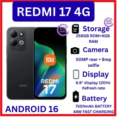 NEW ARRIVALS!! [BRAND NEW]Redmi 17 4G 256GB RAM + 4GB ROM Smart Phone 6.9" display 120Hz -Dual SIM 7500mAh Battery 50MP main camera +8MP SELFIE Type C Side Fingerprint Android 16 SMARTPHONES