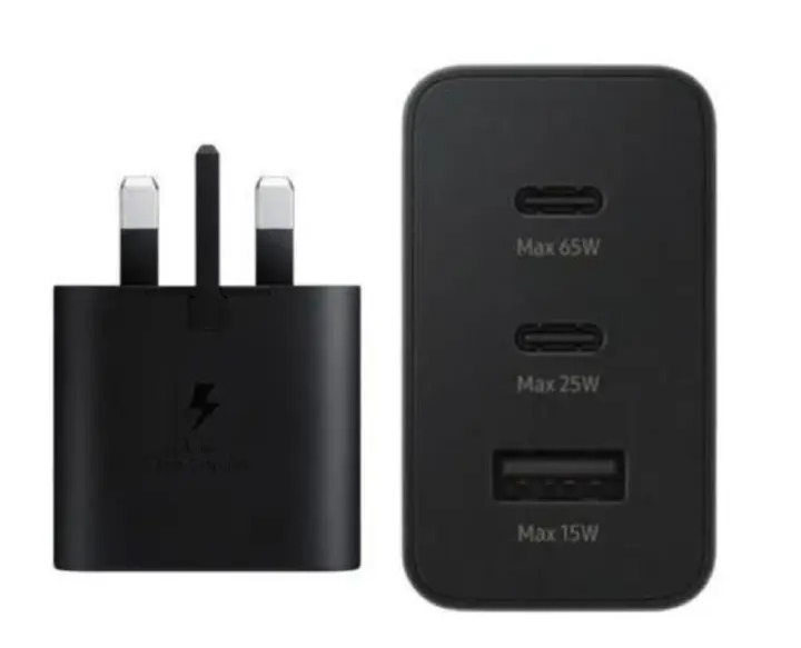 ORIGINAL SAMSUNG CHARGER 65W POWER ADAPTER TRIO WITH TYPE C TO C CABLE 3 PORTS (65W,45W USB-C, 25W USB-A) SAMSUNG FAST CHARGER 65 WATTS ON OFFER