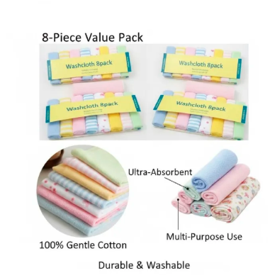 8Pcs Baby Washcloths & Bath Towels Set – Ultra-Soft Pure Cotton | Assorted Colors | Super Absorbent Face Towels for Newborns & Infants/baby wash cloths
